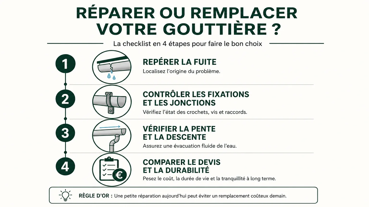 Checklist en quatre étapes pour choisir entre réparation et remplacement d’une gouttière