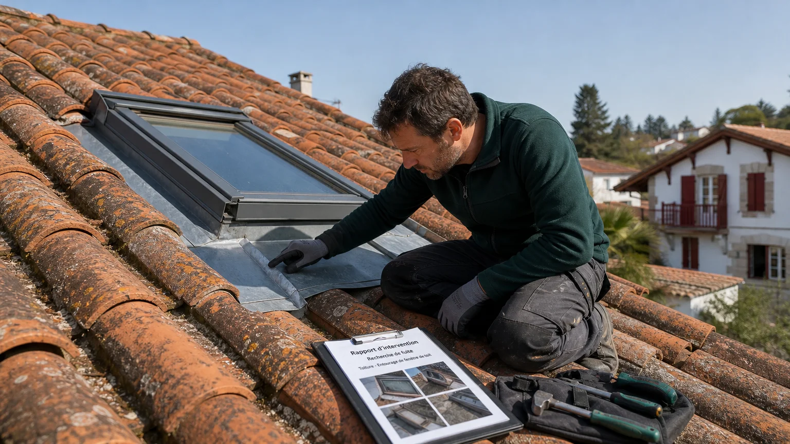 Artisan couvreur inspectant une infiltration près d’un Velux à Bayonne