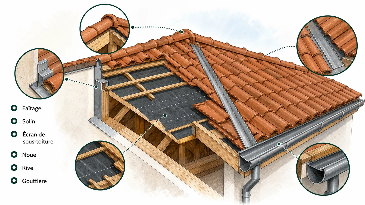 Illustration en coupe des principaux éléments d’une toiture