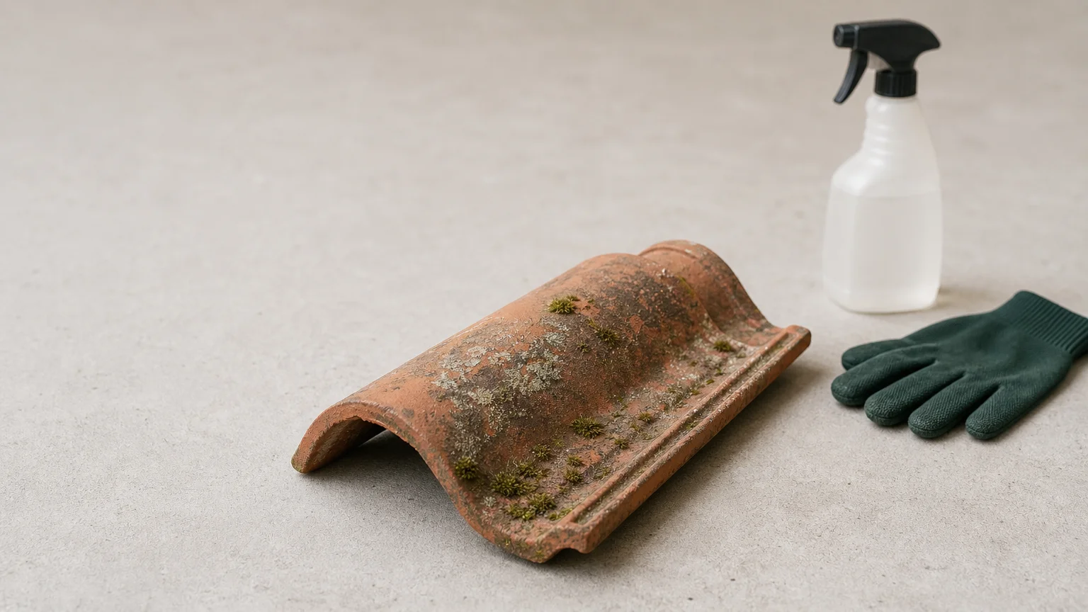 Tuile en terre cuite avec des traces de mousse et un pulvérisateur non étiqueté