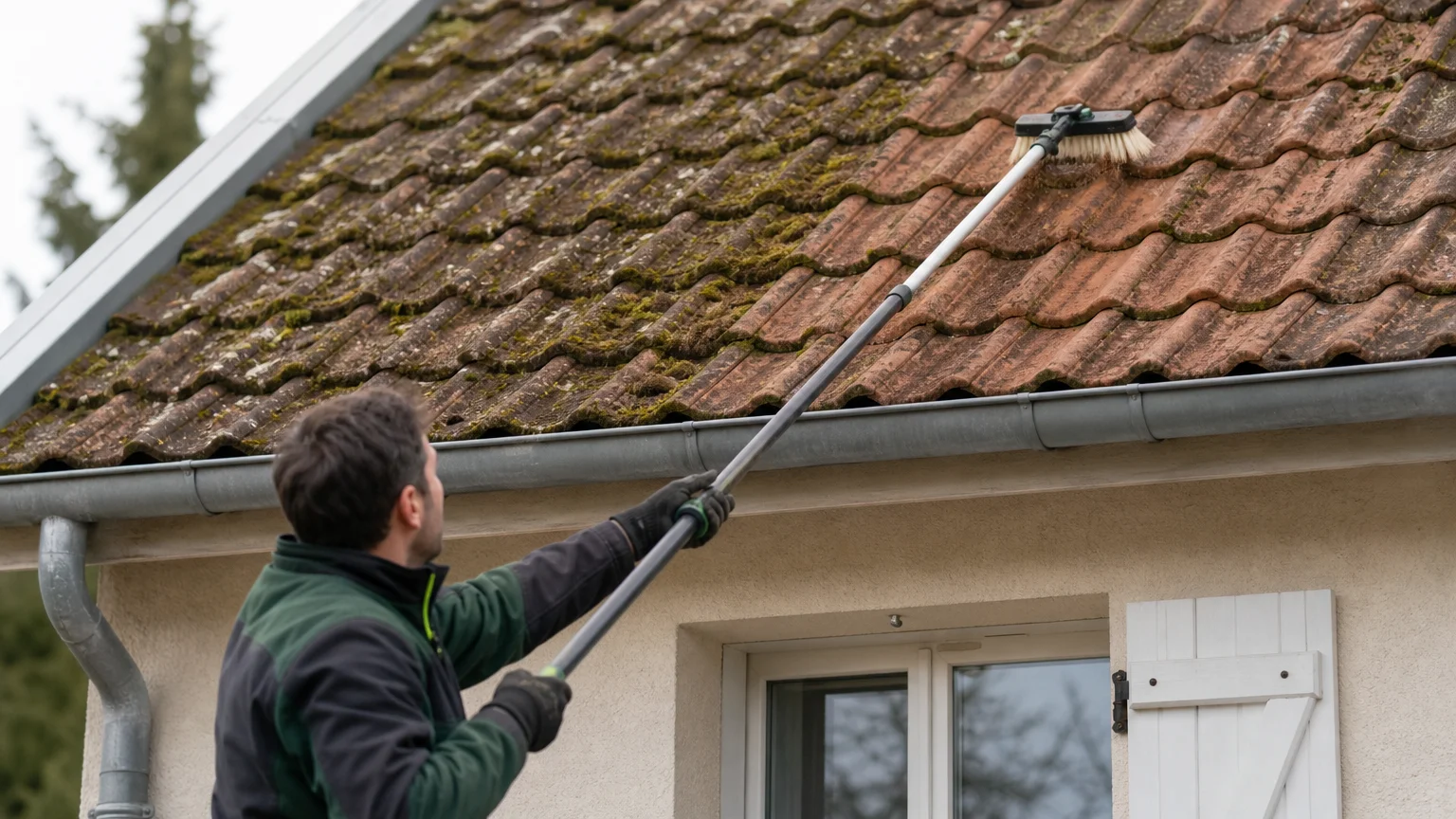 Un couvreur retire délicatement de la mousse avec une perche depuis le sol