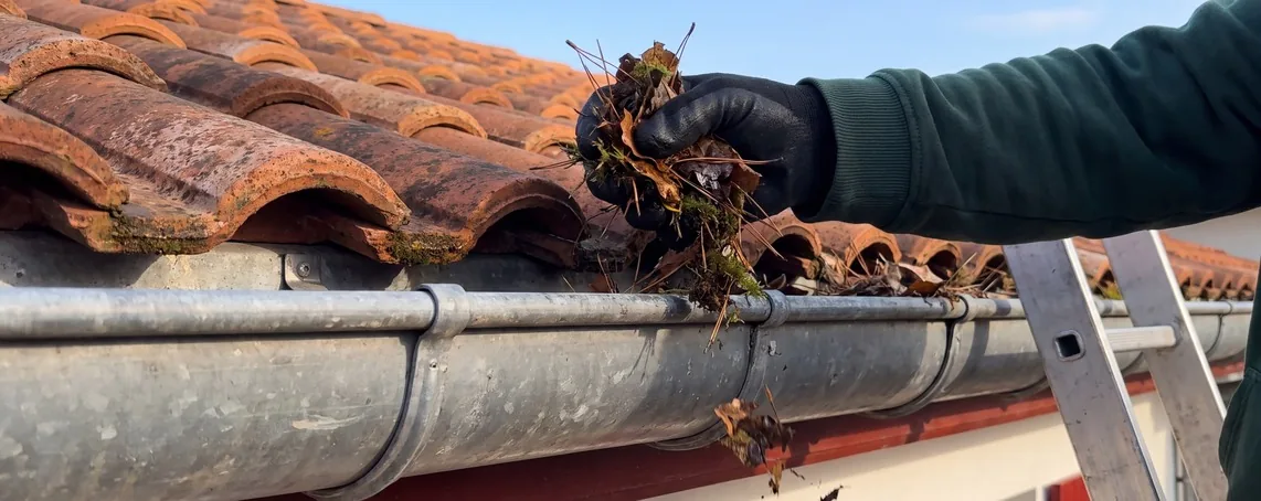 Nettoyage d'une gouttière à la main, feuilles et mousse retirées pour libérer l'écoulement