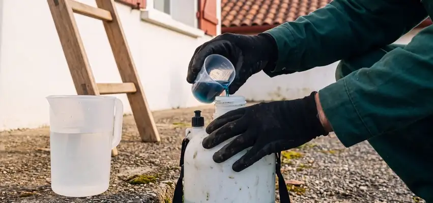 Dosage du produit de traitement de toiture dans le pulvérisateur avant l'intervention