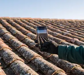 Inspection d'une toiture photographiée au smartphone pour le rapport de diagnostic