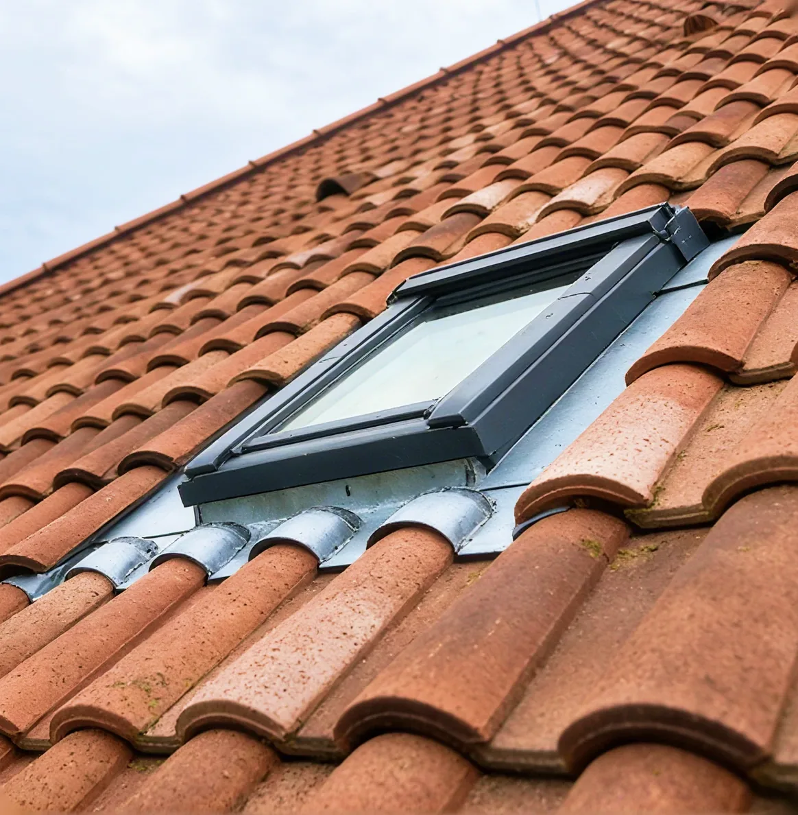 Velux posé sur une toiture en tuiles canal avec son entourage zinc sur mesure, à Briscous près de Bayonne