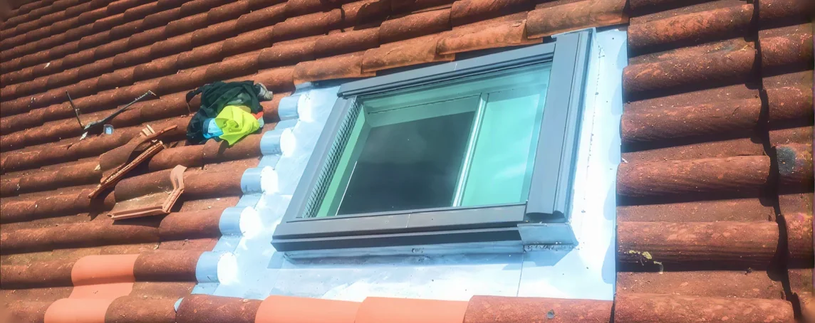 Entourage zinc neuf façonné autour d'une fenêtre de toit, chantier de pose de Velux à Urcuit