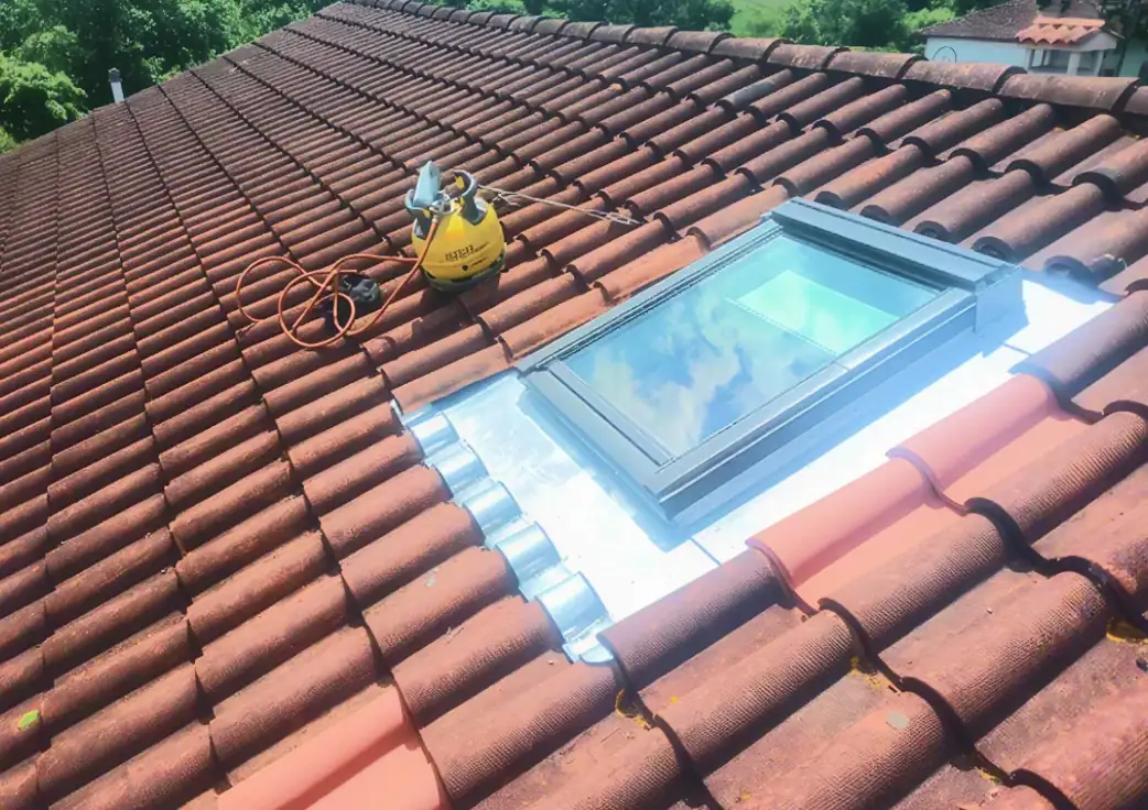 Velux neuf et son large entourage zinc en fin de pose sur une toiture à Urcuit