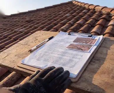 Devis détaillé de pose de fenêtre de toit posé sur la toiture, avec gants et stylo