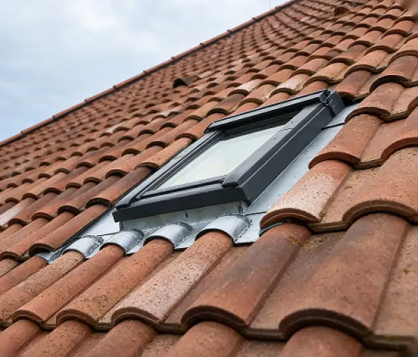 Fenêtre de toit Velux et son raccord zinc sur une toiture en tuiles canal à Briscous