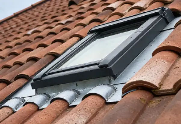 Raccord en zinc autour d'une fenêtre de toit intégrée aux tuiles, rénovation de toiture à Bayonne