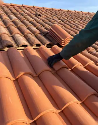 Couvreur posant des tuiles neuves sur un pan de toit lors d'une rénovation de toiture à Bayonne