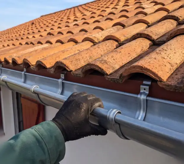 Gouttière zinc demi-ronde fixée sous les tuiles, option durable d'une pose de gouttière à Bayonne