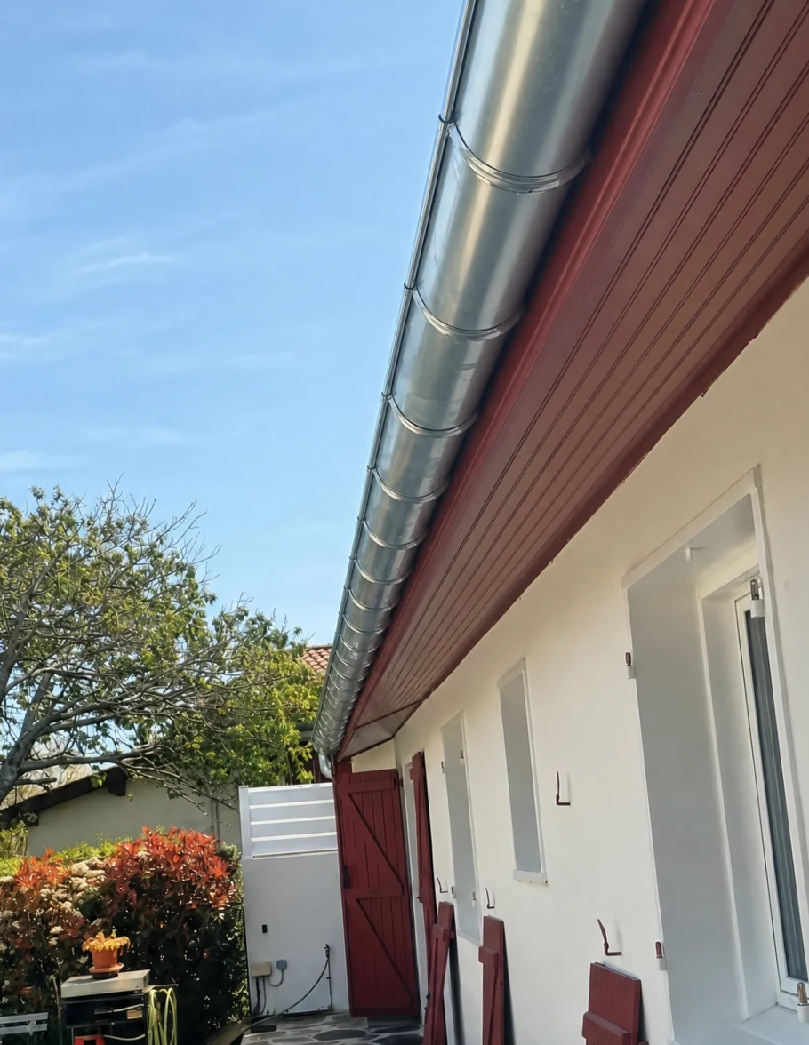 Gouttière zinc et descente façonnées sur mesure le long d'une maison lors d'une pose de gouttière à Bayonne