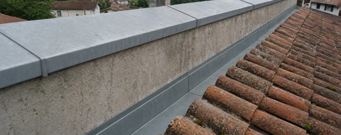 Couvertine zinc posée en haut d'un mur le long d'une couverture en tuiles à Bayonne