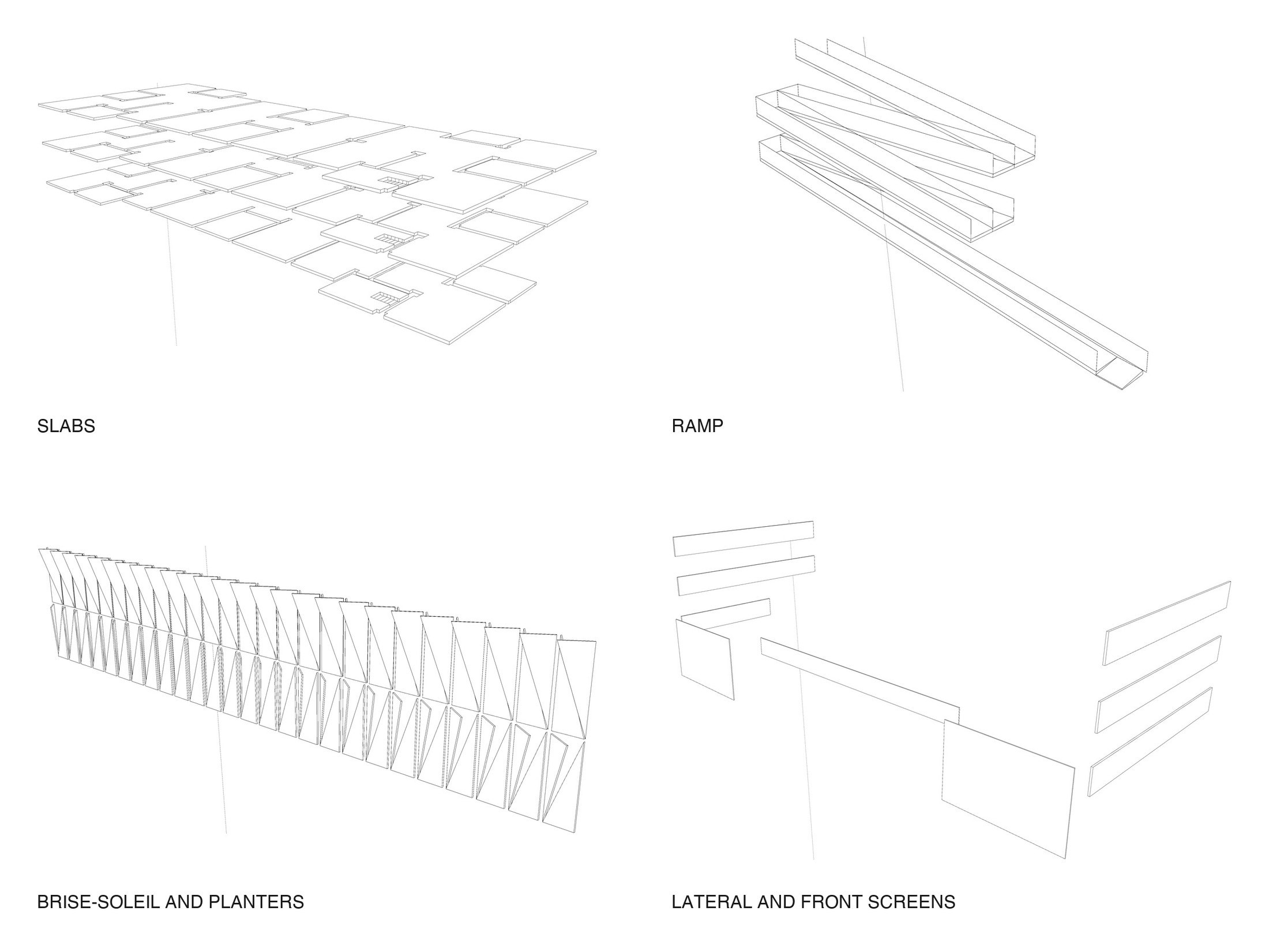 The four families of parts the insertion is built from: slabs, ramp, planted brise-soleil, and lateral and front screens