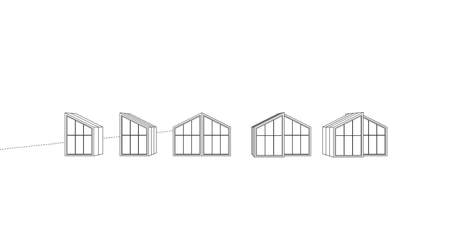 Five axonometric diagrams showing the Tiny House WM modules combining into progressively larger assemblies