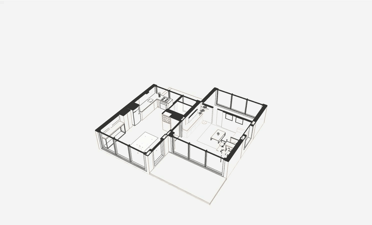 Animation of the 3x2 Tiny House WM rising from a cut plan to the finished pitched roof