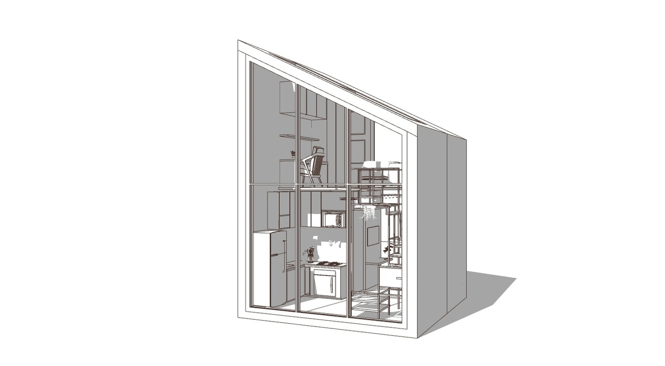 Cutaway axonometric study of the Tiny House WM interior fit-out