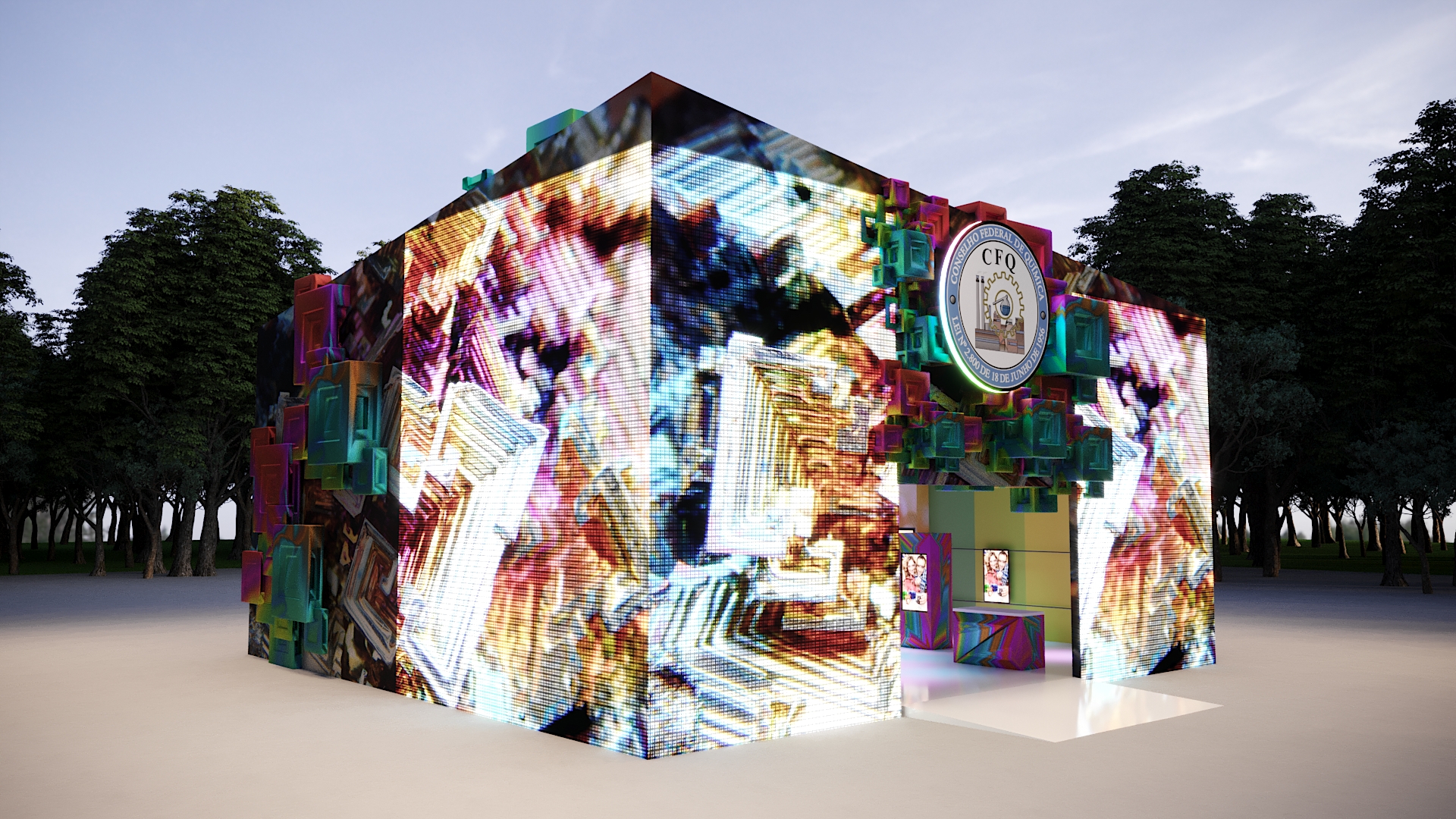 Render of the Espaço Q cube, its iridescent bismuth skin among the trees of Avenida Paulista