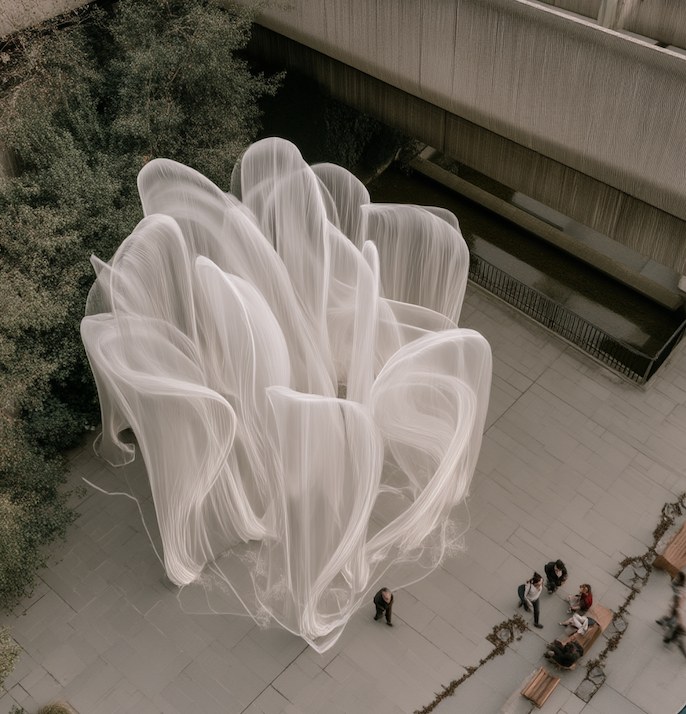 O Véu — aerial view of the installation in its riverside setting