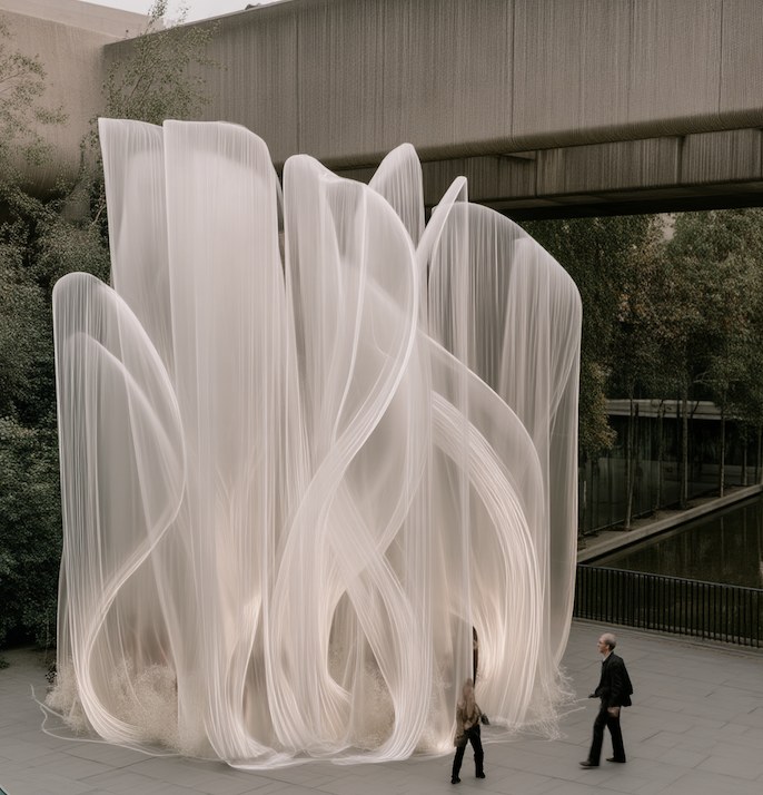 O Véu — the installation seen from street level, passers-by alongside it