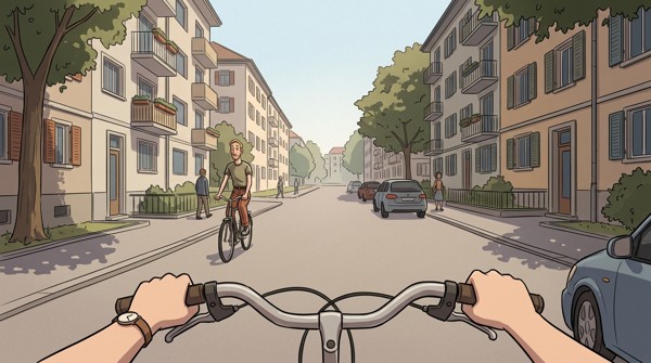 Teffi Traversi crossing on a bicycle, seen from a passer-by's point of view
