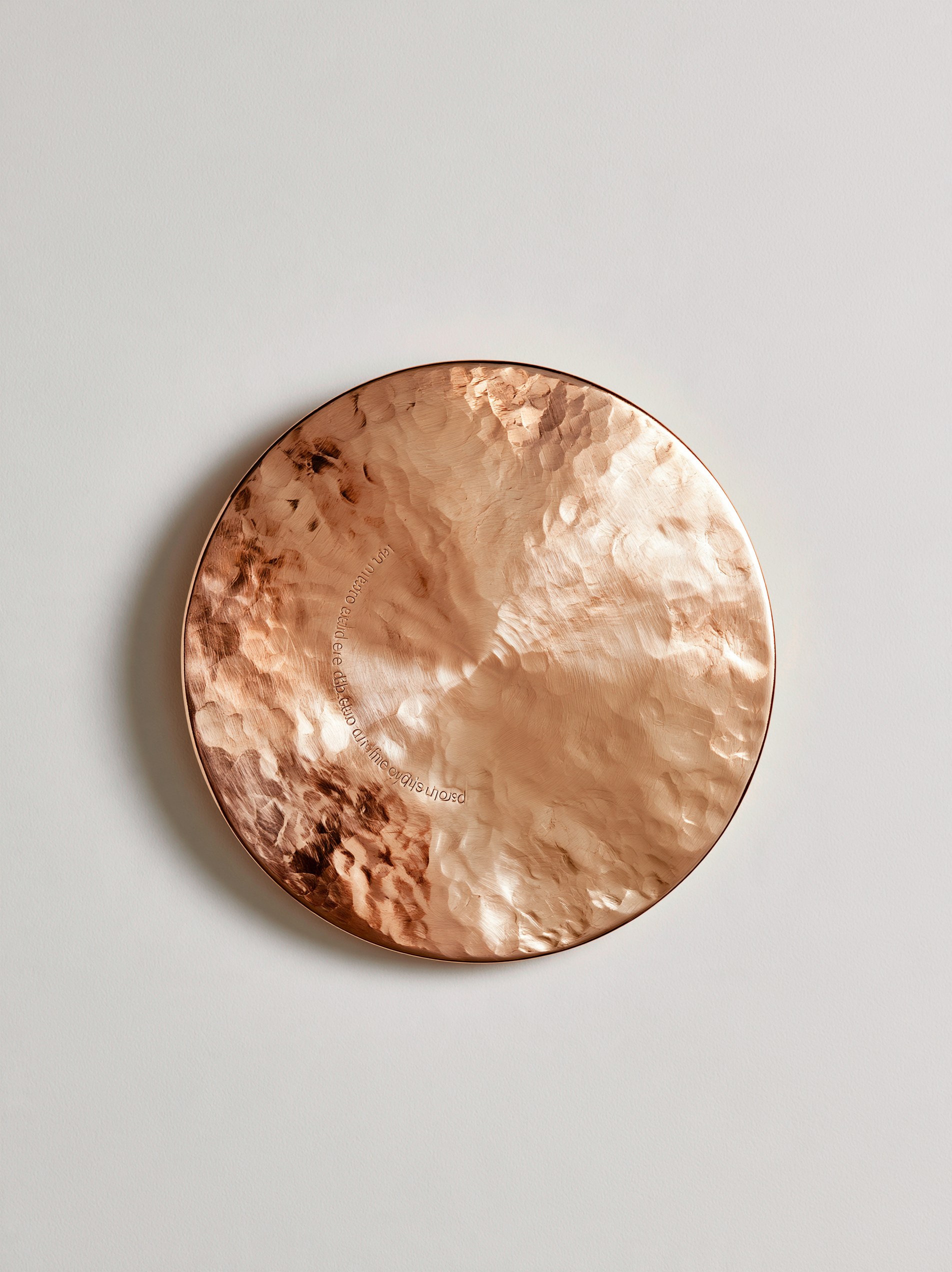 Hammered copper disc with its engraved sentence, detail