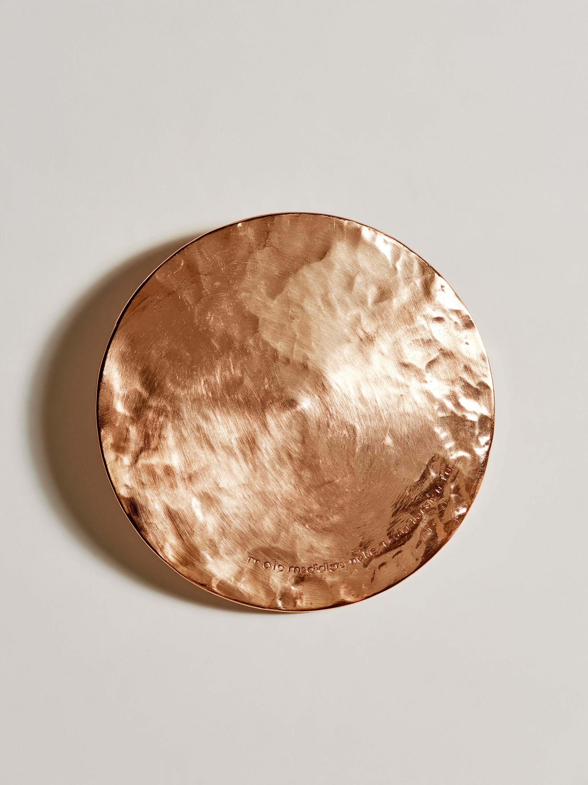Hammered copper disc with its engraved sentence, detail