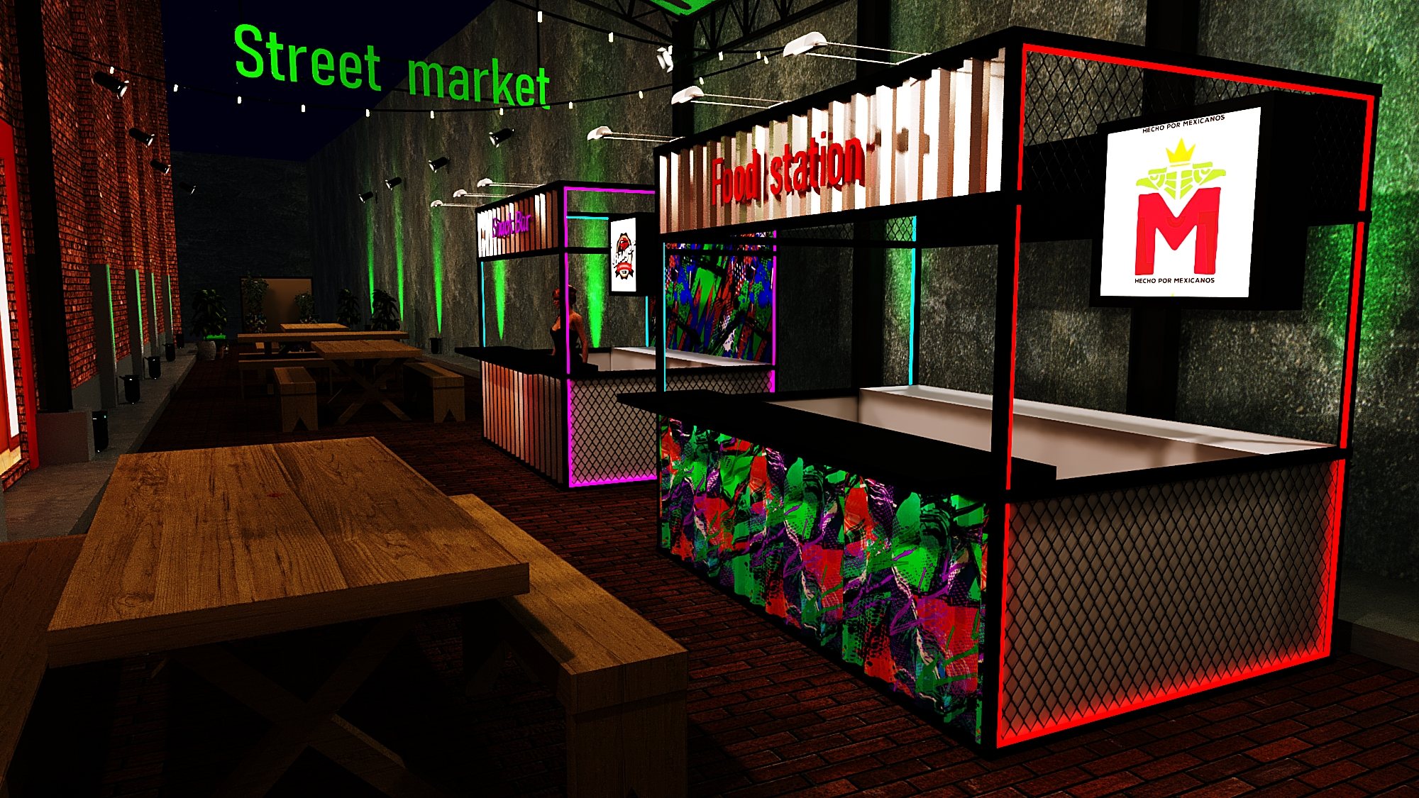 Uber Eats · 2019 — A night street market rebuilt indoors: brick, neon signage, stalls with their own frontage.