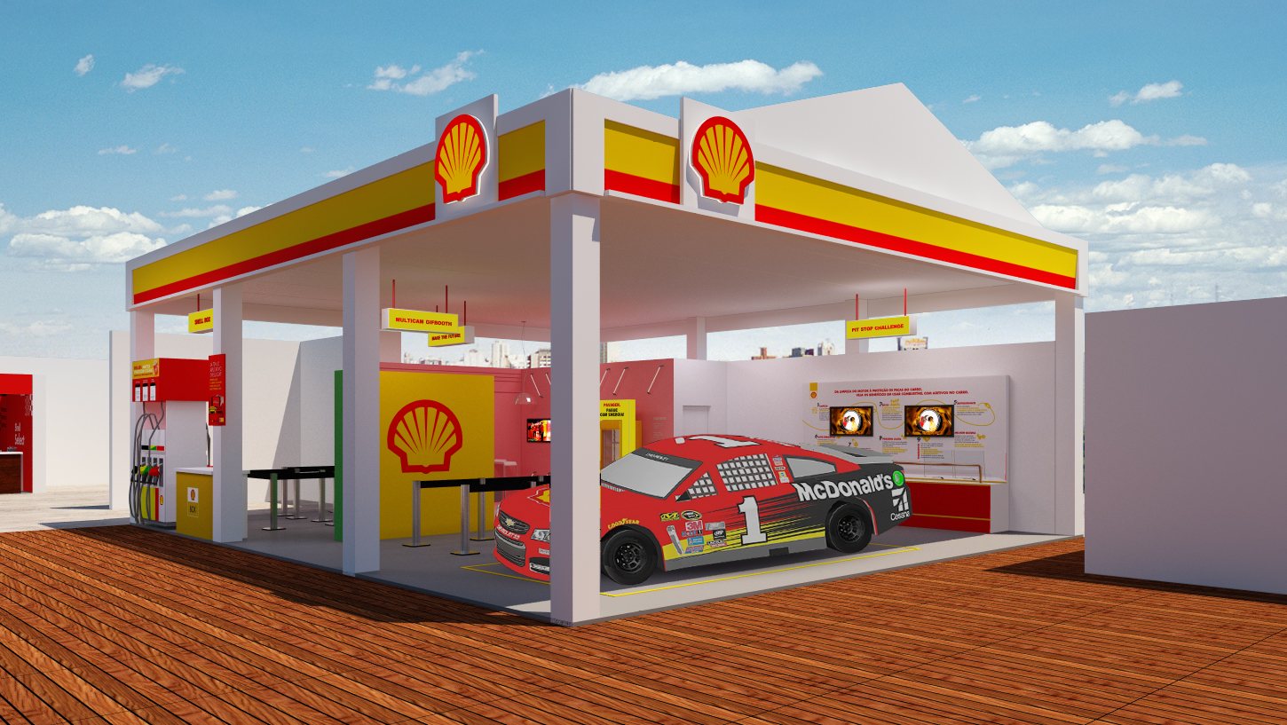 Shell · 2018 — A service station reconstructed indoors: canopy, pumps and a display car.