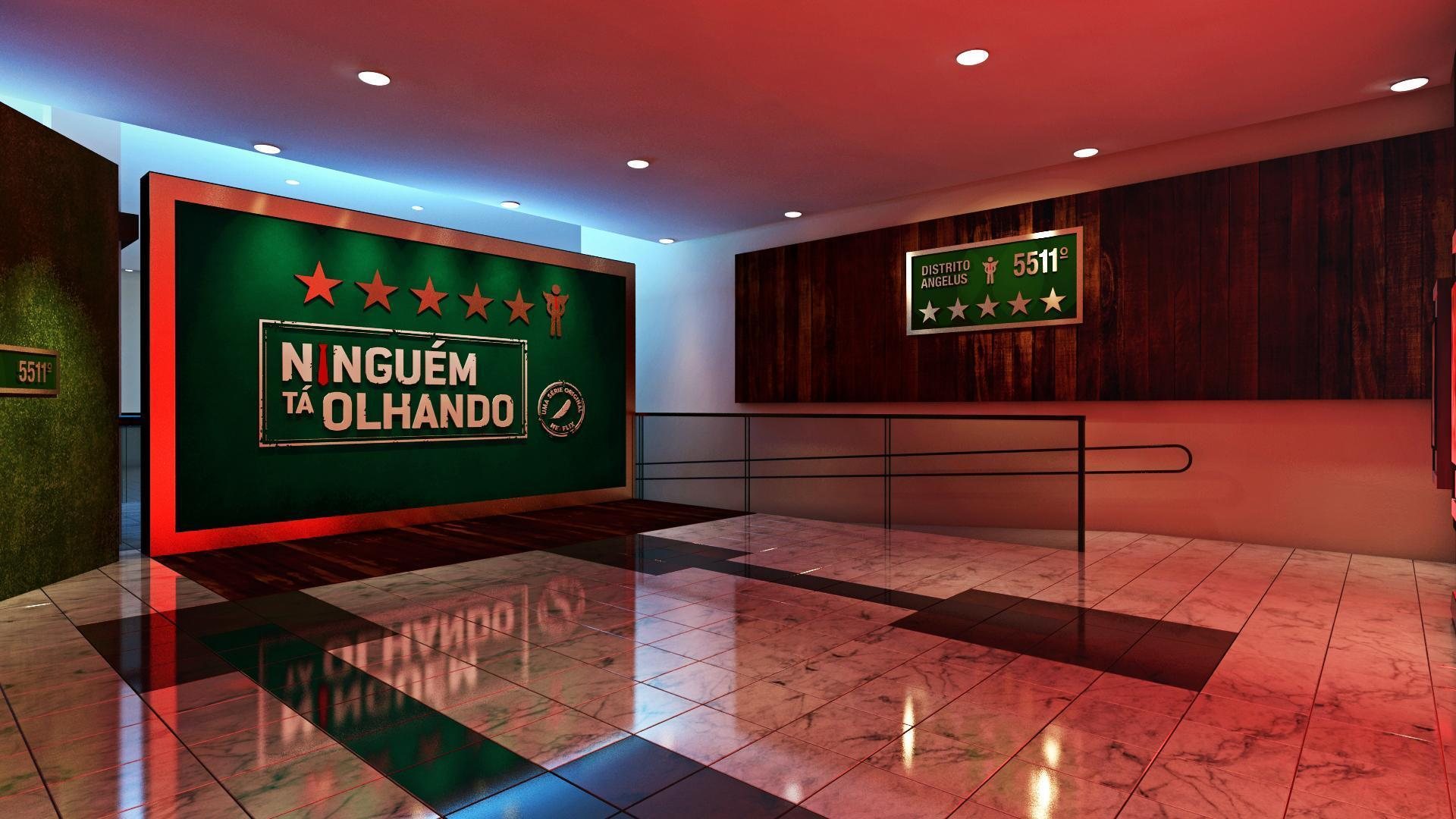 Netflix · 2019 · Nobody's Looking — The installation seen from the mezzanine, green against red.