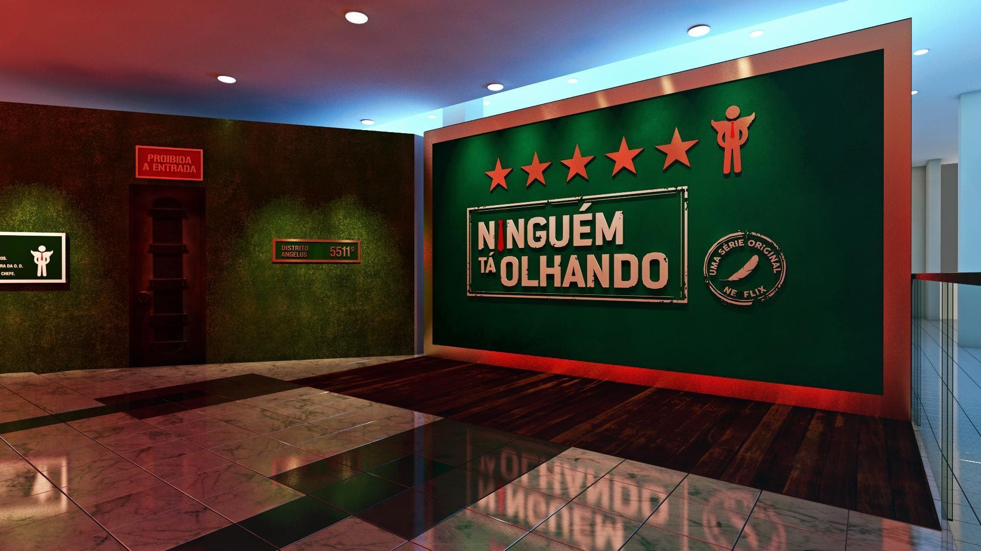 Netflix · 2019 · Nobody's Looking — The green signage wall seen down the length of the corridor.