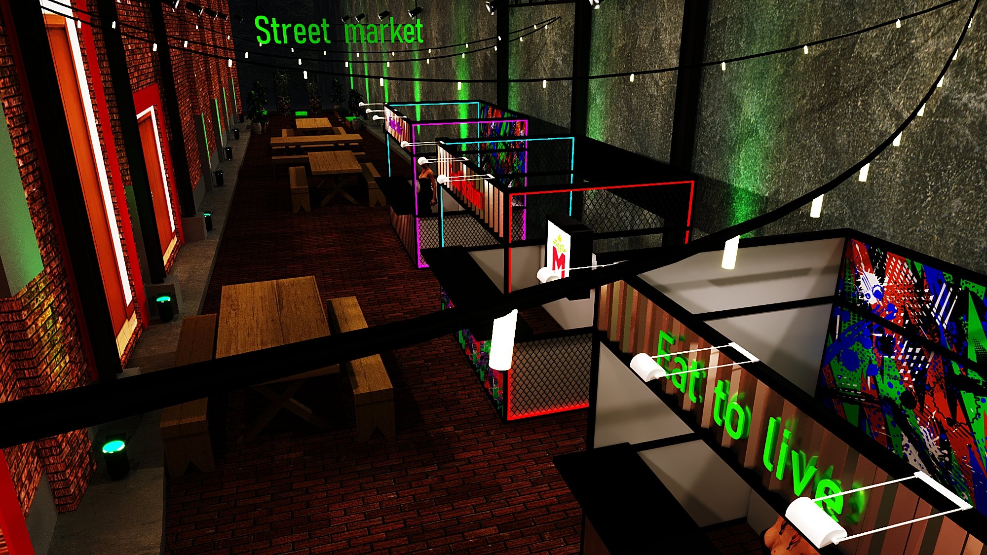 Uber Eats · 2019 — Long communal tables and neon-framed food stalls along the market aisle.