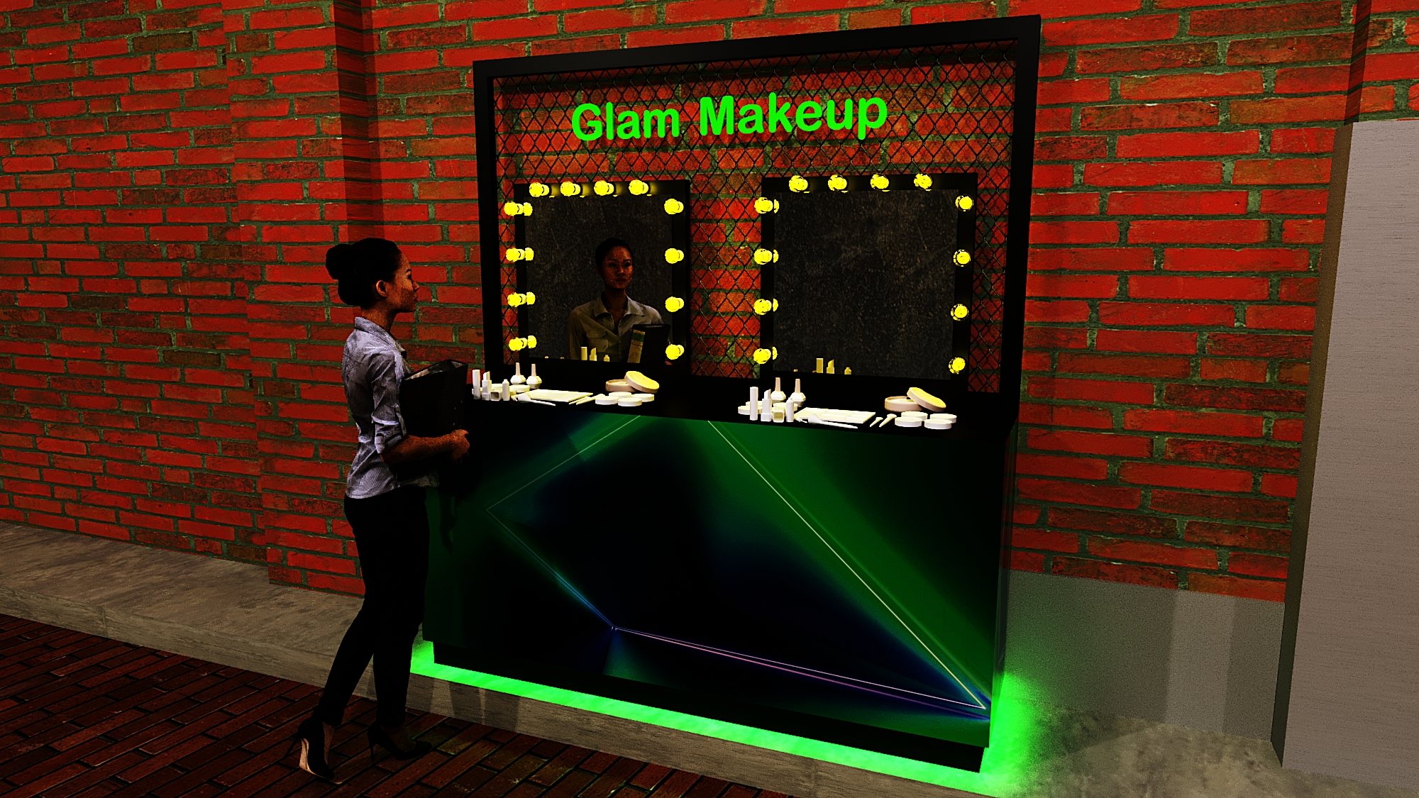 Uber Eats · 2019 — The Glam Makeup station: a lit counter against exposed brick, with a visitor at the screen.