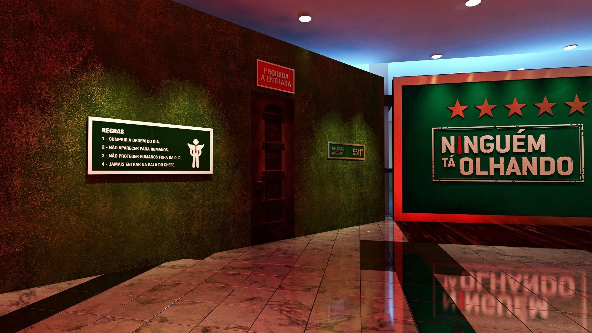 Netflix · 2019 · Nobody's Looking — The corridor in red, with framed panels along the wall.
