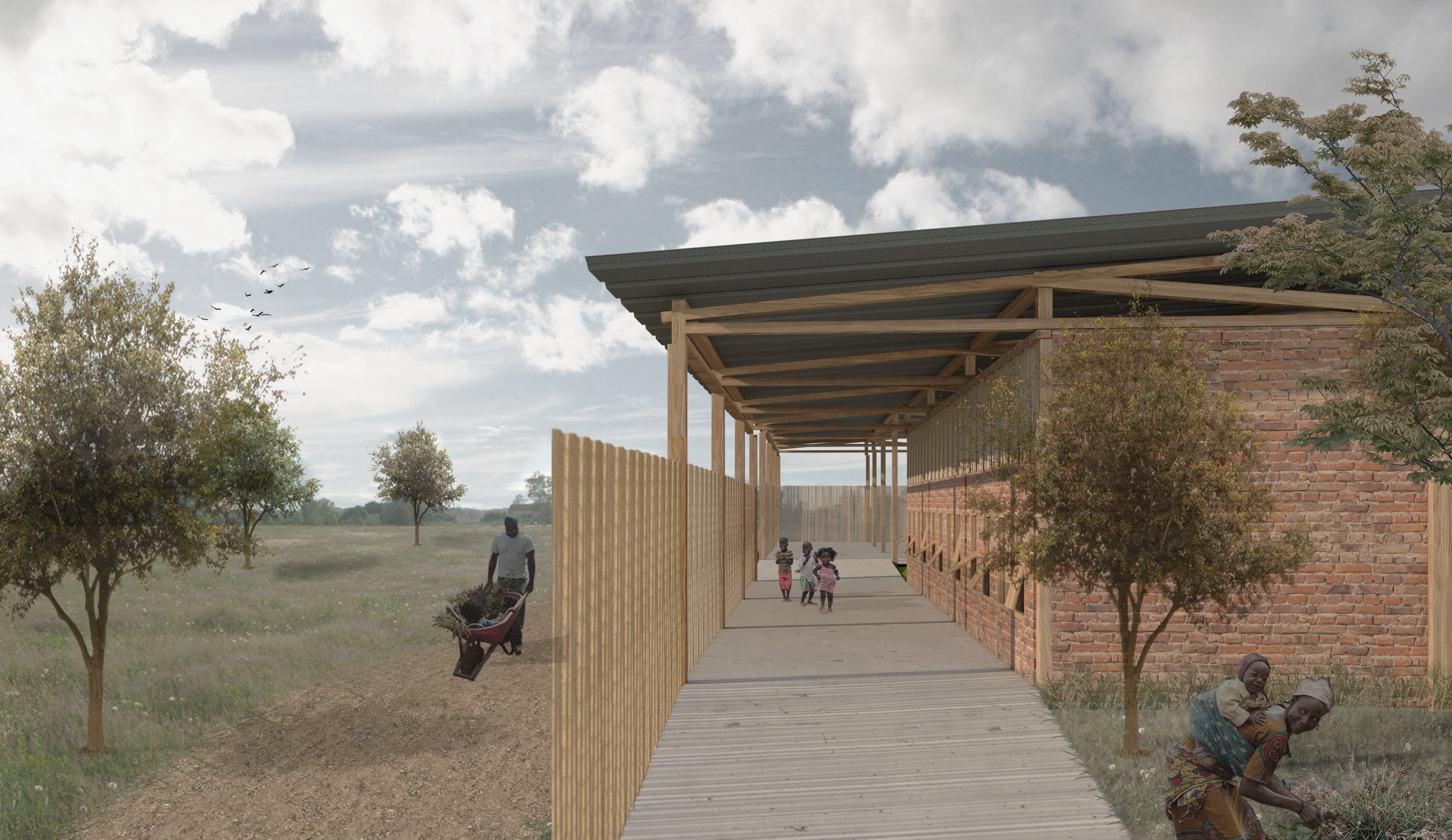 The covered walkway between the brick classroom wall and the timber screen: a man pushes a wheelbarrow along the outer path, children walk away down the deck, a woman gathers with a baby on her back in the foreground.