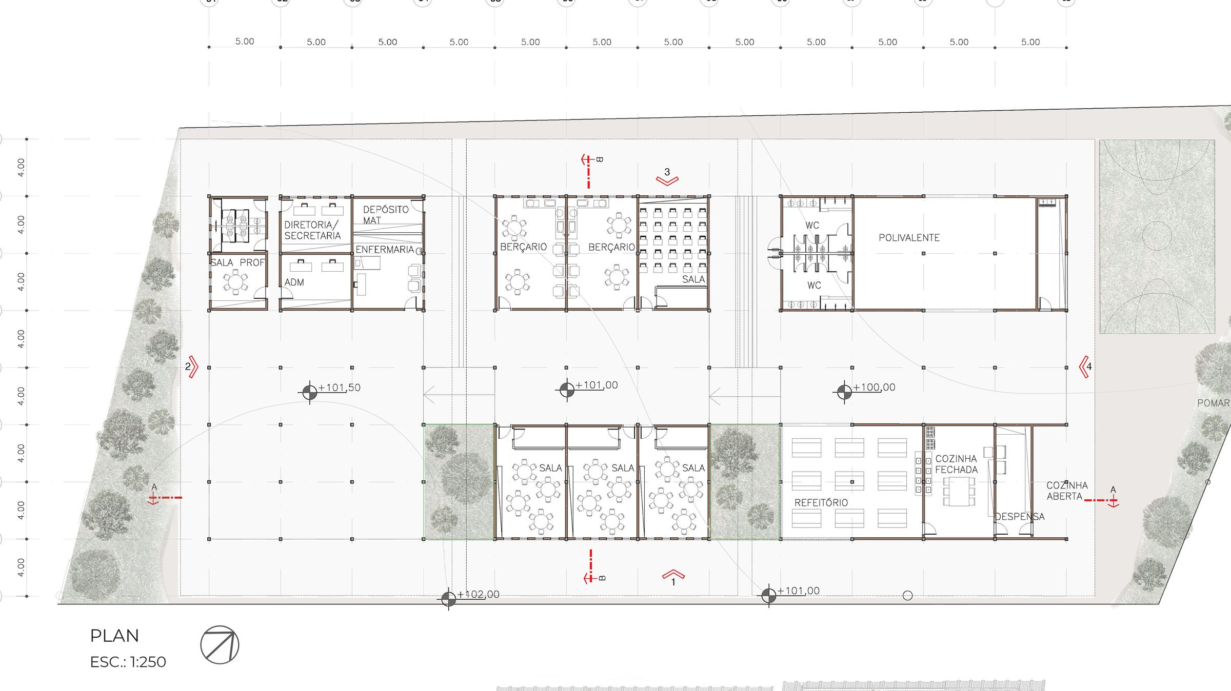 Floor plan at 1:250 showing thirteen 5.00 m bays: administration and staff room, two nurseries, classrooms, multipurpose space, dining hall, closed and open kitchens, pantry and orchard.