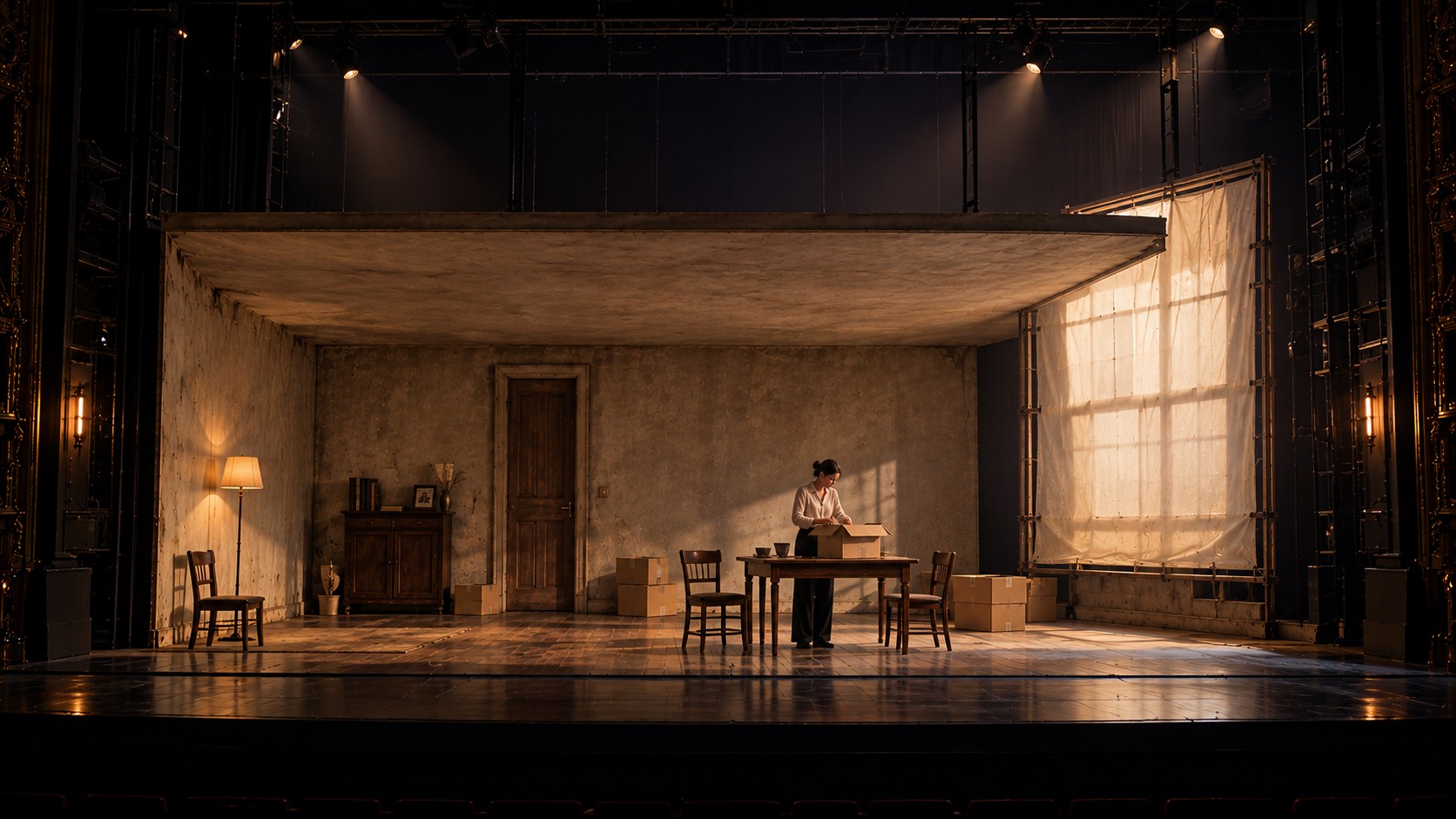 Act 1 — the apartment with its ceiling as a free plane and the window as a backlit screen, the fly tower in view