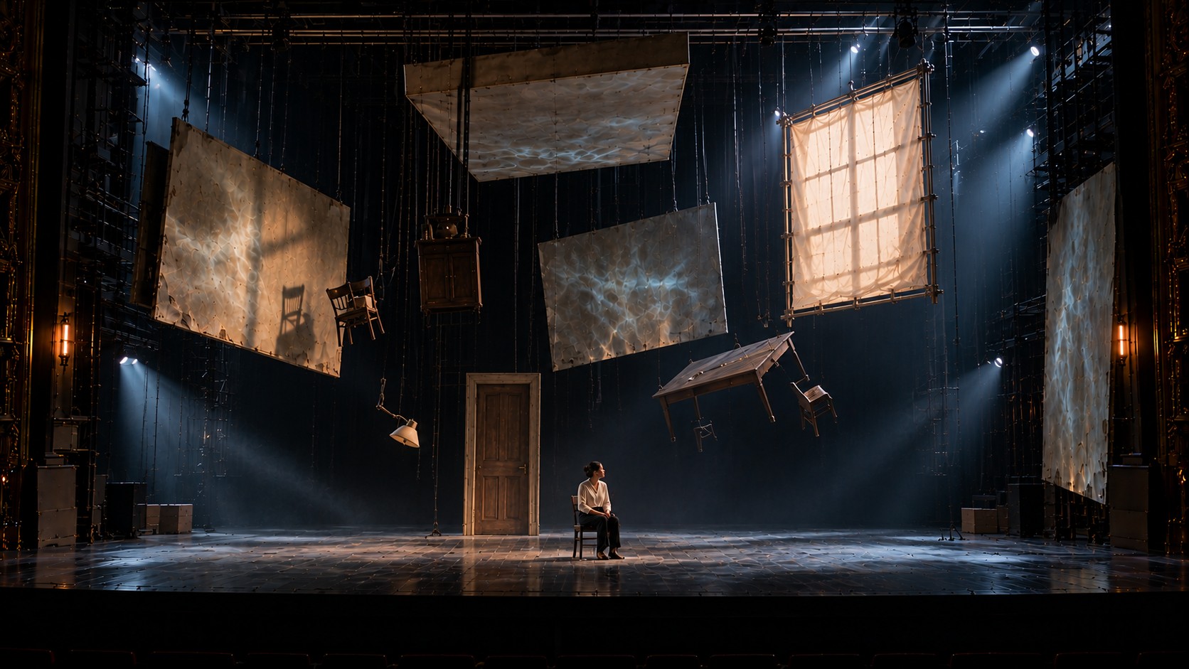 The Apartment Above the Sea — Act 3: the apartment suspended above the stage, Mara seated beside the door