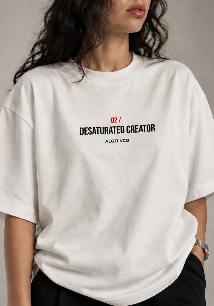 02 / Desaturated Creator — front; the only colour on the shirt is the red number
