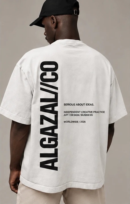02 / Desaturated Creator — back: ALGAZAL//CO running vertically, with the practice statement beside it