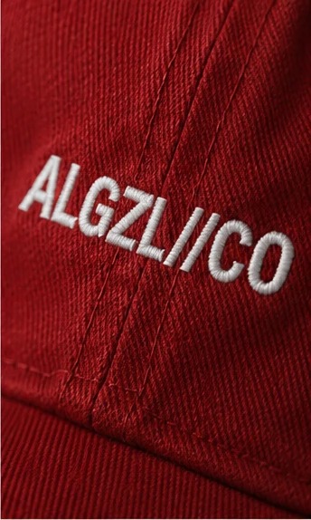 The cap — embroidery detail, ALGZL//CO in white thread across the centre seam