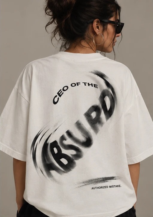 04 / Errors Club — back: CEO of the Absurd, smeared as if pulled mid-print, signed Authorized mistake.