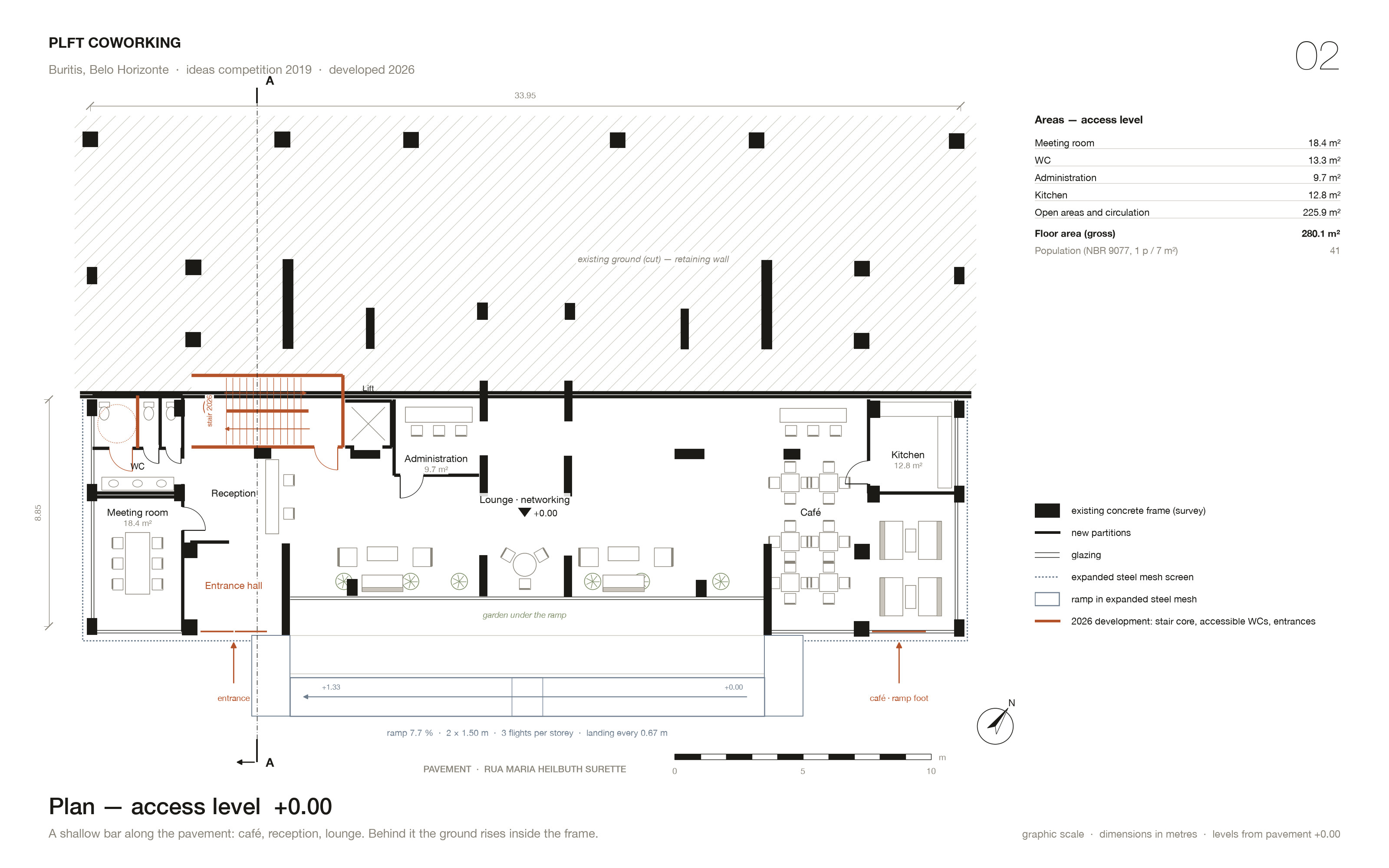 Plan of the access level at +0.00: entrance hall, reception, lounge and café in a shallow bar along the pavement, the ground rising behind it