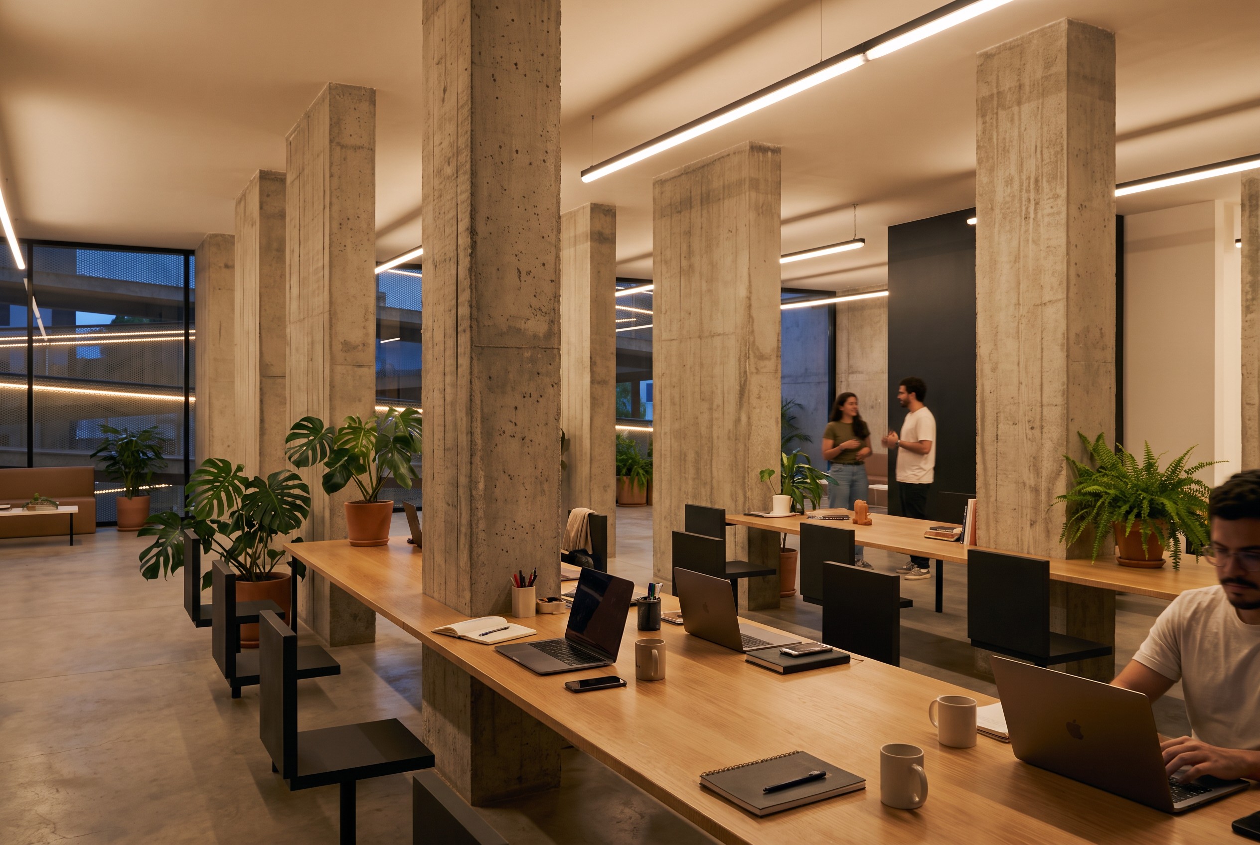 The first coworking floor in the evening: long oak desks between the existing concrete columns, the ramp's lights beyond the glazing