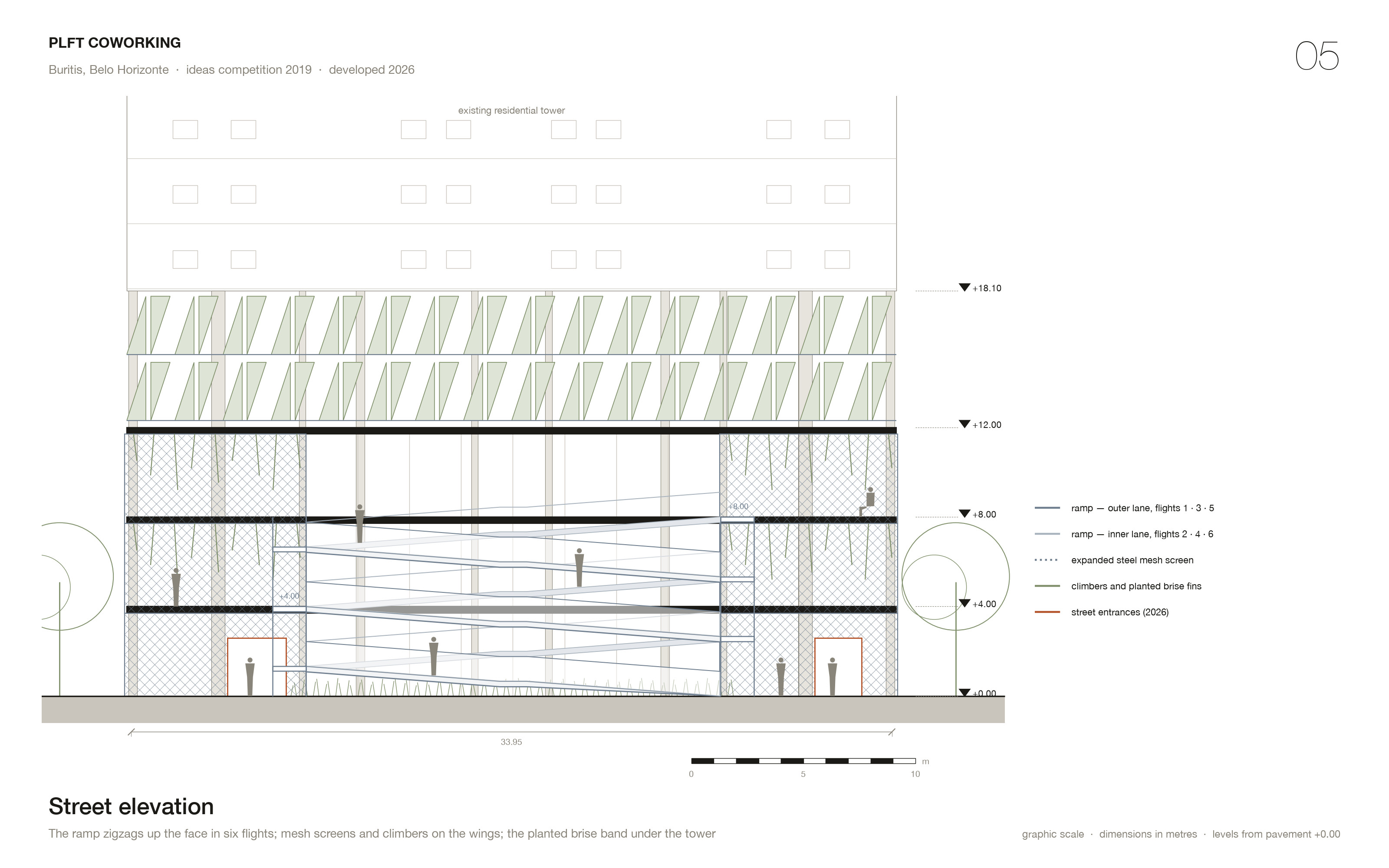 Street elevation: the ramp climbing the face in six flights, mesh screens with climbers on the wings, the planted brise band under the tower