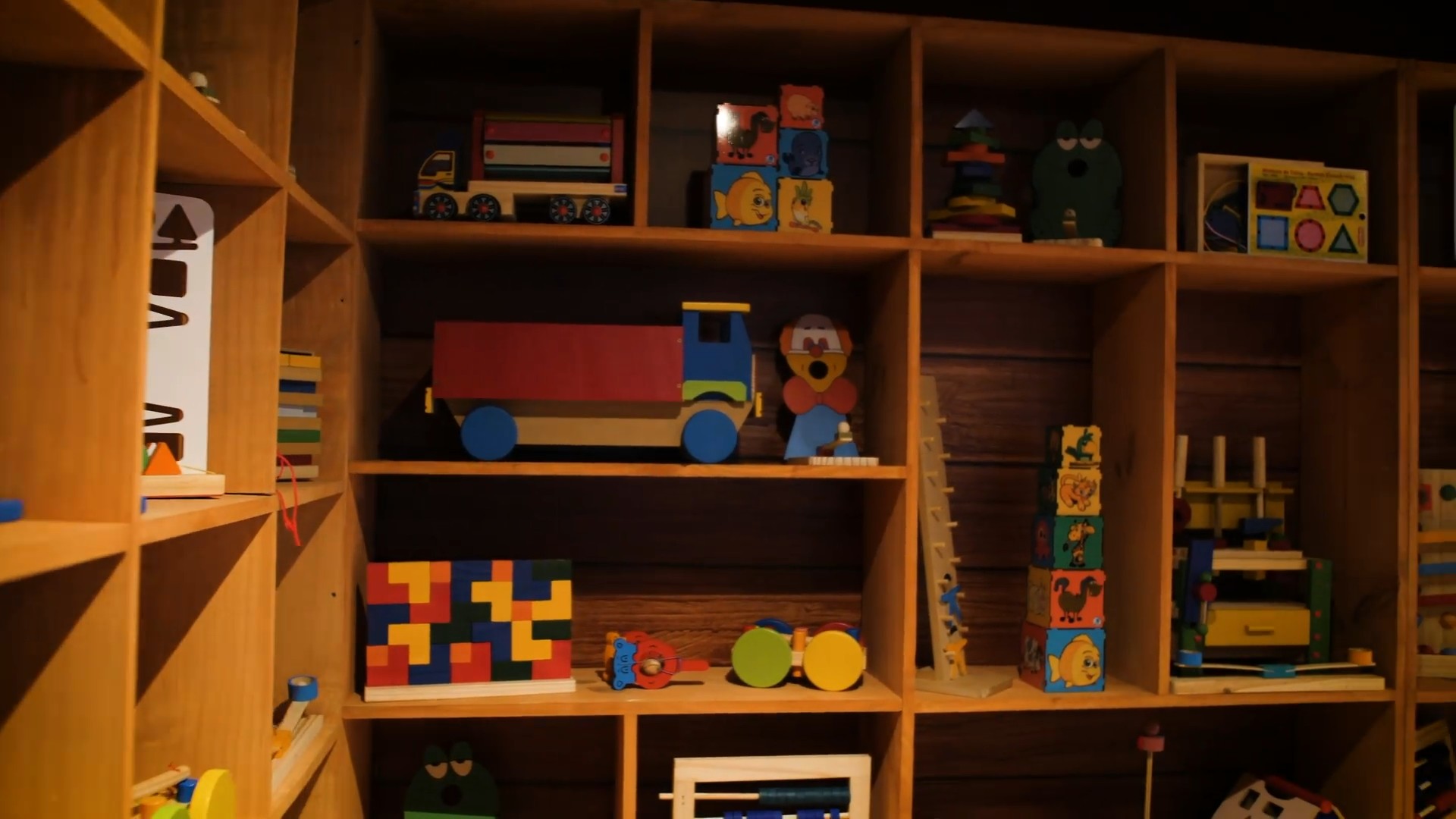 Shelves of wooden toys