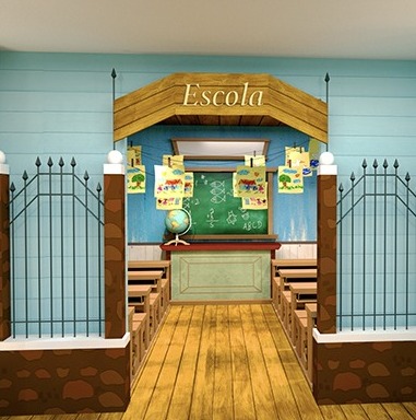 The school gate, 'Escola', with the classroom behind