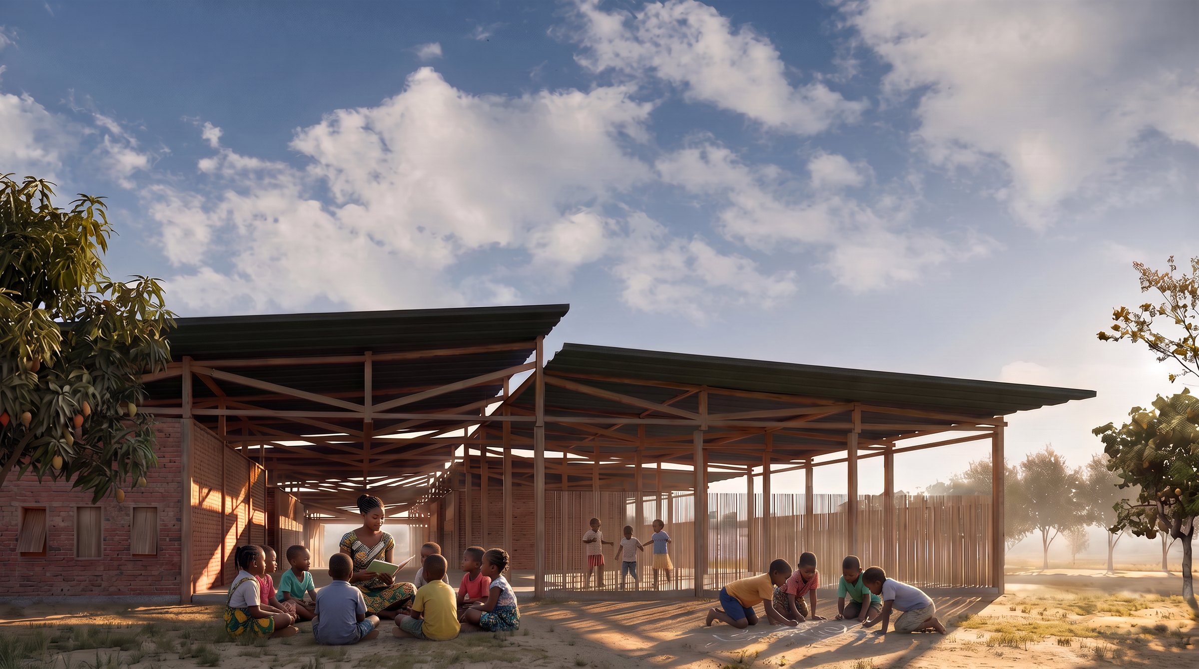 A class at the edge of the veranda: a teacher reads to children sitting in a circle, others draw with chalk on the ground, a small group plays under the roof behind.