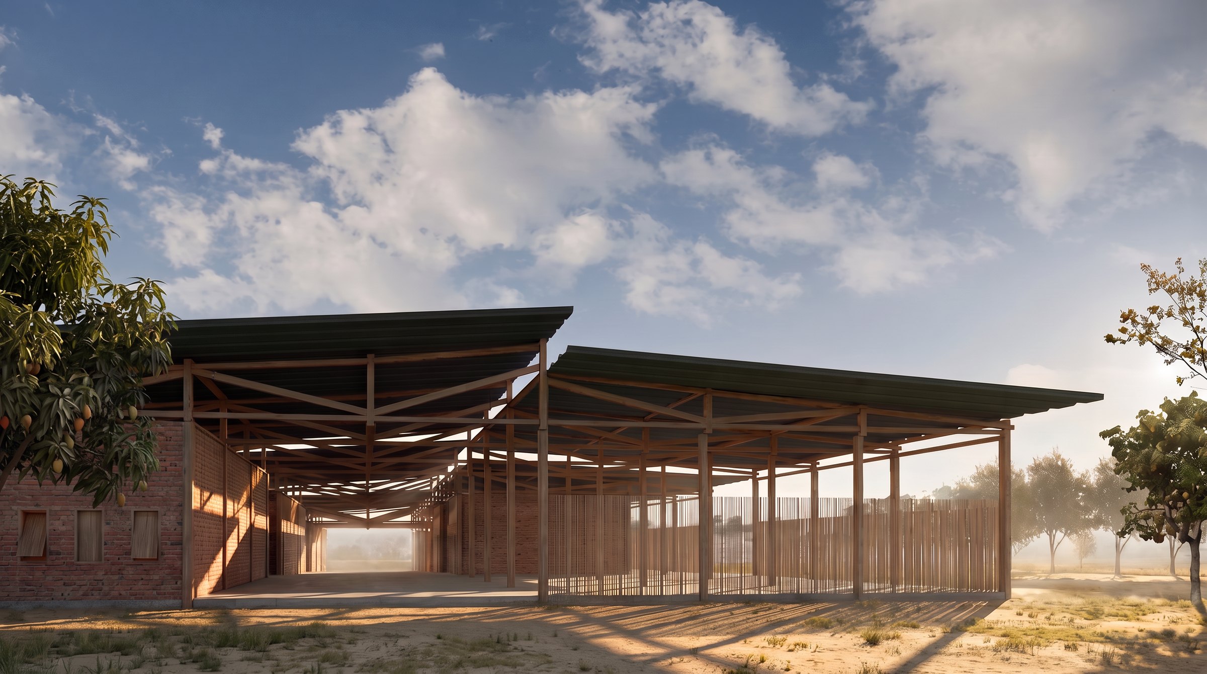 The open veranda between the two roofs, timber trusses and posts casting long shadows on the sand, a mango tree at the left.